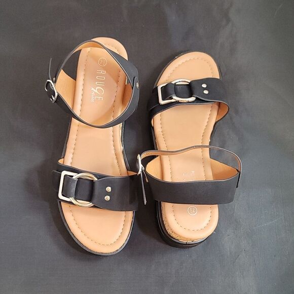 BRAND NEW ROUGE ADJUSTABLE BUCKLE DOUBLE STRAP OPEN TOE WEDGE SANDAL - Picture 5 of 16